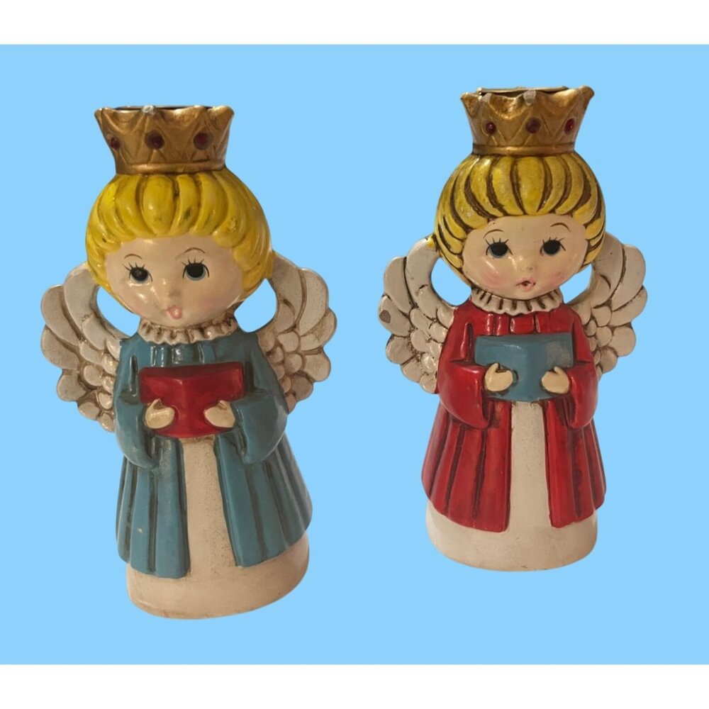 2 Homco  Angel Candleholders Red & Blue Dresses, Gold Crowns with Jewels 60-70's